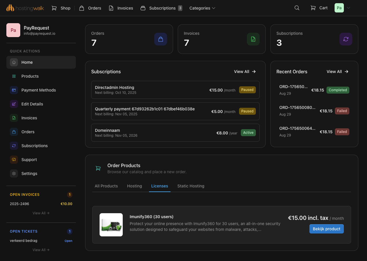 PayRequest Customer Portal — Self-service billing dashboard where clients view invoices, manage subscriptions, and make payments